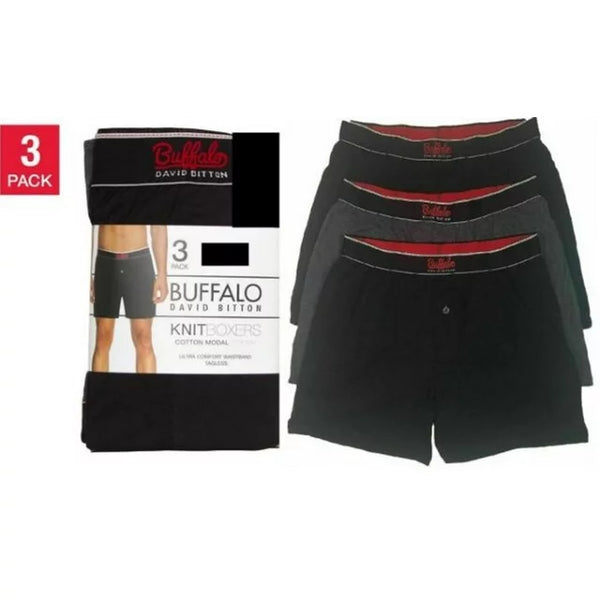 Buffalo David Bitton Mens 3 Pack Knit Boxers (Large, Black/Black/Grey)