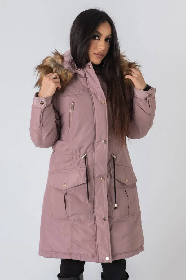 bebe Faux Fur Anorak Women's Coat Cinched Waist Parka Quilted Winter Jacket