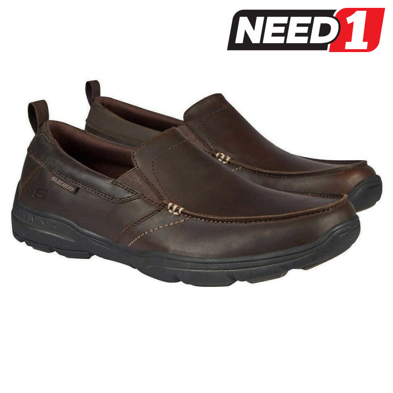 SKECHERS Men's Leather Slip On Shoes with Air-Cooled Memory Foam