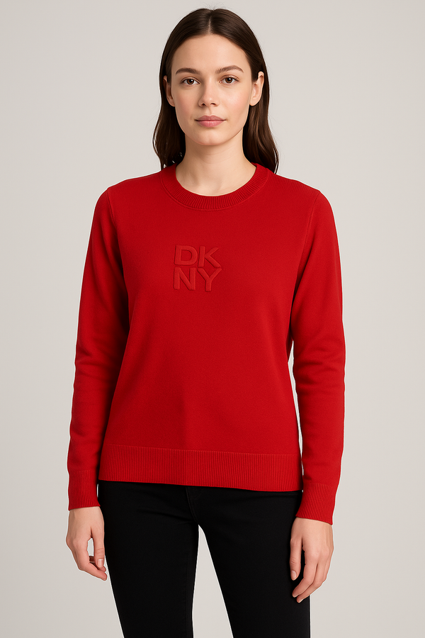 DKNY Red Knit Pullover – Logo Embroidered Sweater