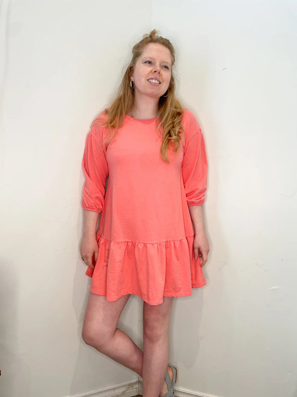 Ultra Flirt Coral Pink Knit Balloon Sleeve Ruffle Hem Mini Dress