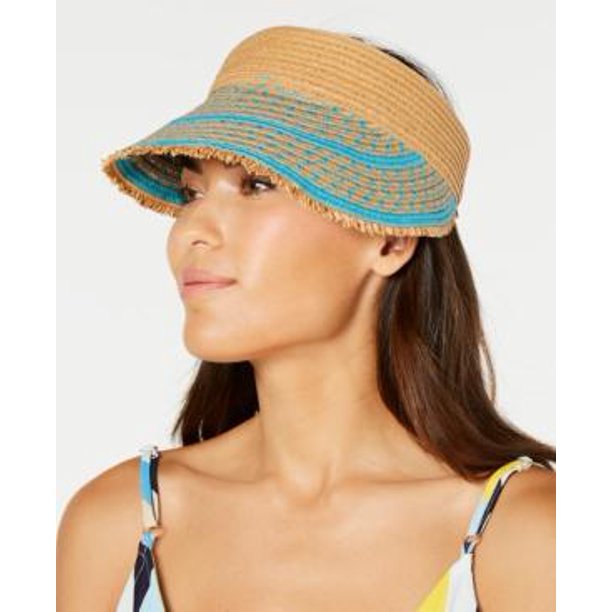 INC Womens Turquoise  Striped Straw Elastic Frayed Edge Visor Hat