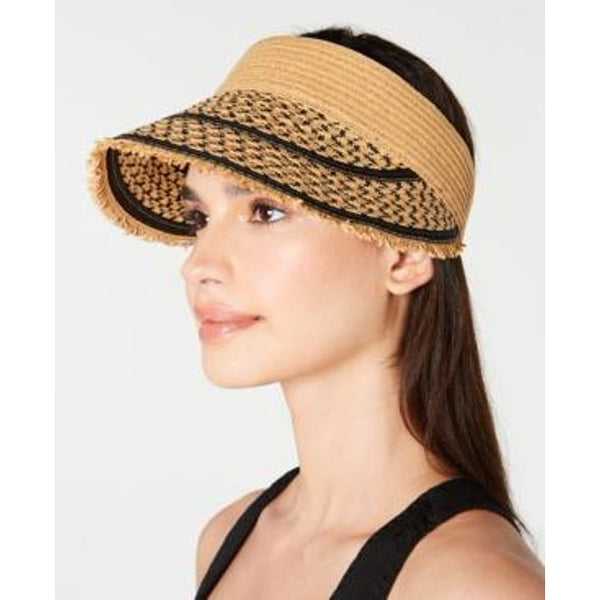 INC Womens Black Striped Straw Elastic Frayed Edge Visor Hat