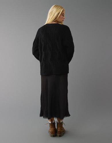 American Eagle Women Pullover Whoa So Soft Cable Knit-Black