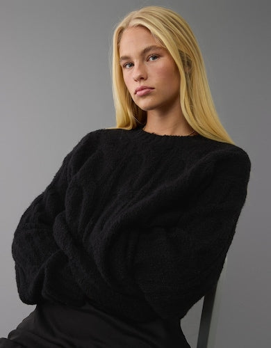 American Eagle Women Pullover Whoa So Soft Cable Knit-Black