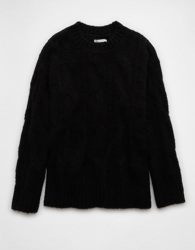 American Eagle Women Pullover Whoa So Soft Cable Knit-Black
