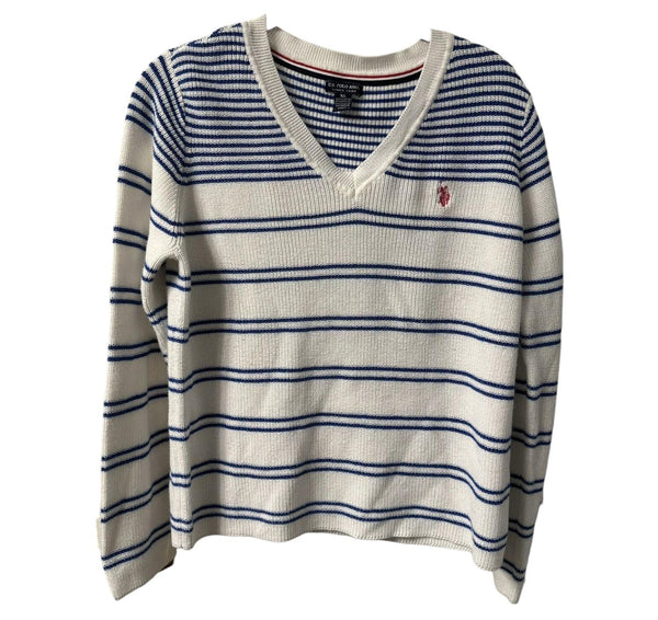U.S. Polo Assn White & Blue Cotton Blend Nautical Striped V-Neck Sweater