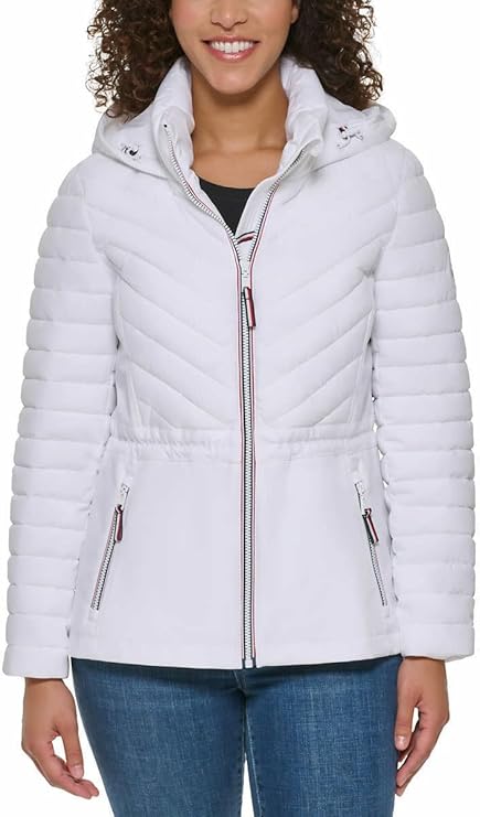 Tommy Hilfiger Women's Puffer Lightweight Hooded Stretch Jacket with Drawstring