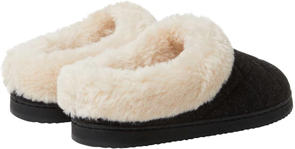 Dearfoams Womens Black Clog Quilted Slippers Scuffs Fur Memory Foam