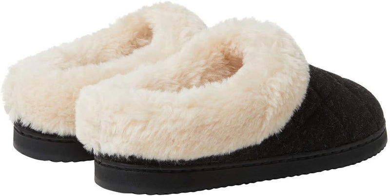 Dearfoams Womens Black Clog Quilted Slippers Scuffs Fur Memory Foam