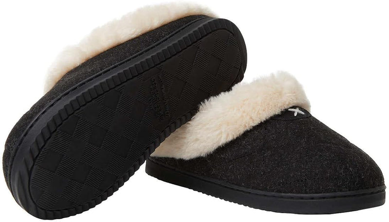 Dearfoams Womens Black Clog Quilted Slippers Scuffs Fur Memory Foam