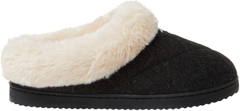 Dearfoams Womens Black Clog Quilted Slippers Scuffs Fur Memory Foam