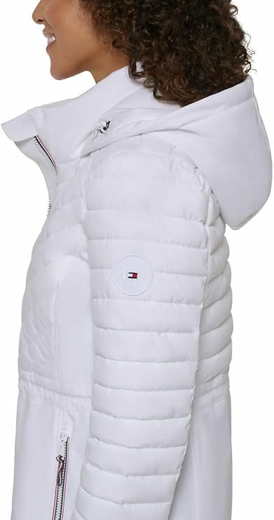 Tommy Hilfiger Women's Puffer Lightweight Hooded Stretch Jacket with Drawstring