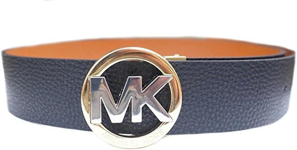 Michael Kors Womens Genuine Leather Reversible NAVY/Brown MK Logo Silver Buckle Belt Size (L)