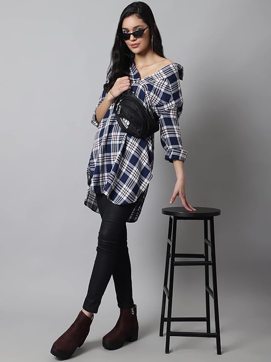 MansiCollections Women's Cotton Shirt Collar Full Sleeve Checkered Tunic