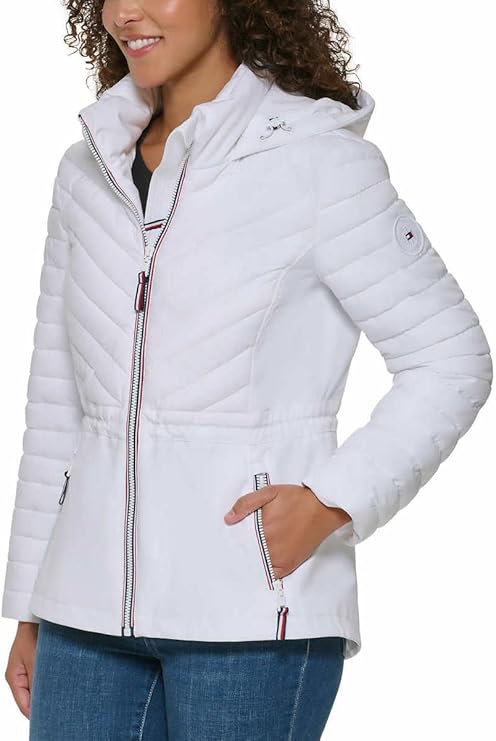 Tommy Hilfiger Women's Puffer Lightweight Hooded Stretch Jacket with Drawstring