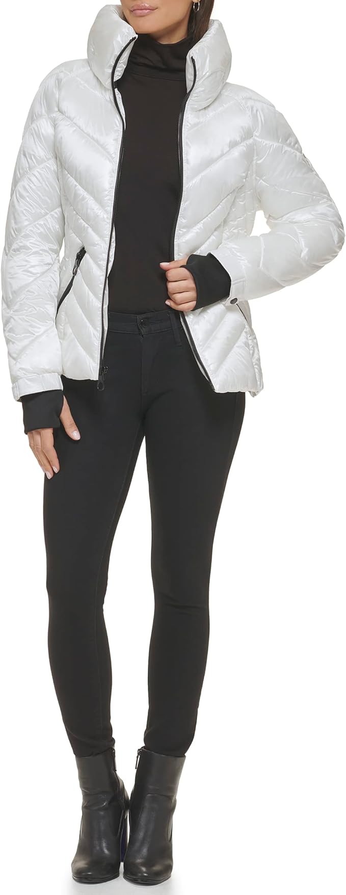 GUESS Women's Puffer Storm Cuffs– Quilted, Transitional Jacket white