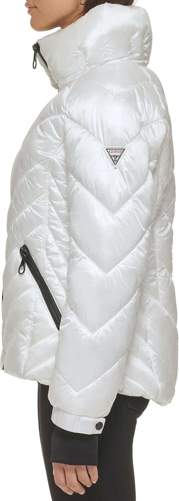 GUESS Women's Puffer Storm Cuffs– Quilted, Transitional Jacket white