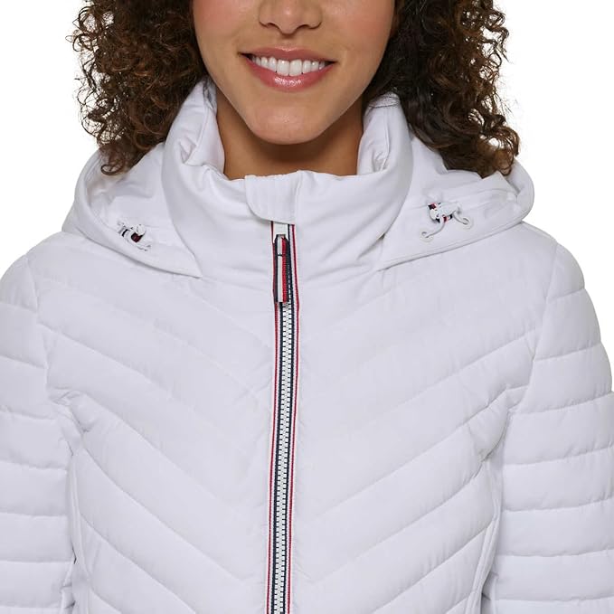 Tommy Hilfiger Women's Puffer Lightweight Hooded Stretch Jacket with Drawstring