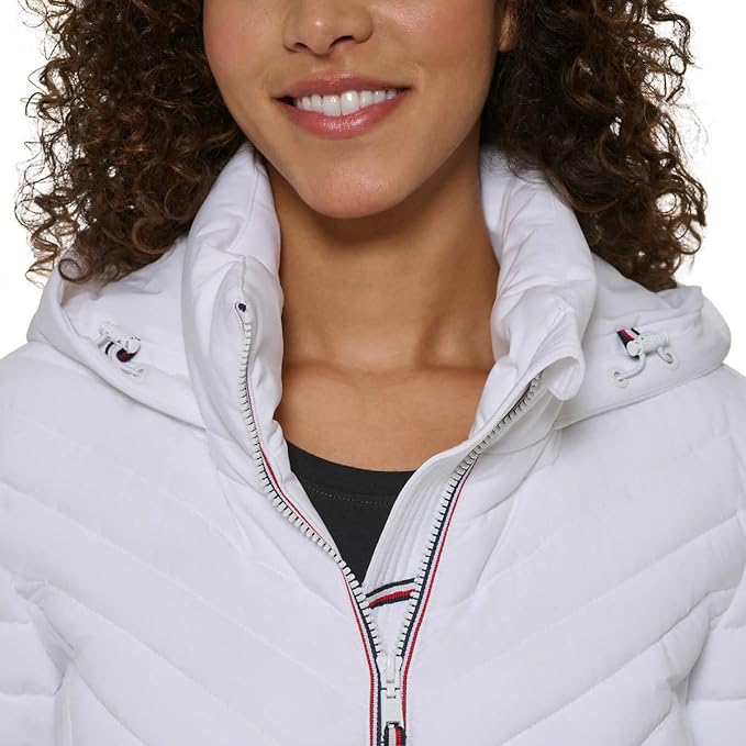Tommy Hilfiger Women's Puffer Lightweight Hooded Stretch Jacket with Drawstring