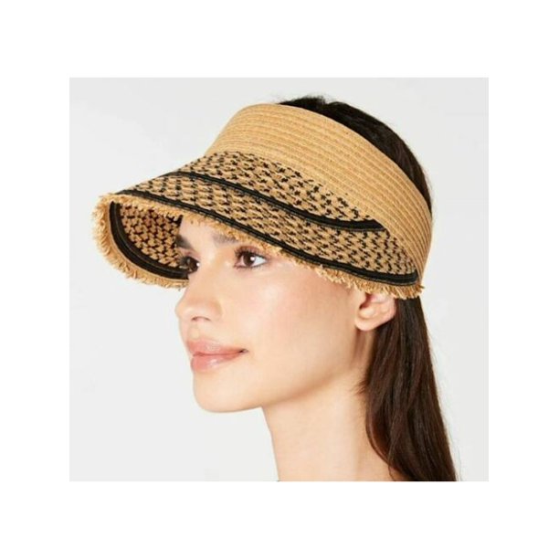 INC Womens Black Striped Straw Elastic Frayed Edge Visor Hat