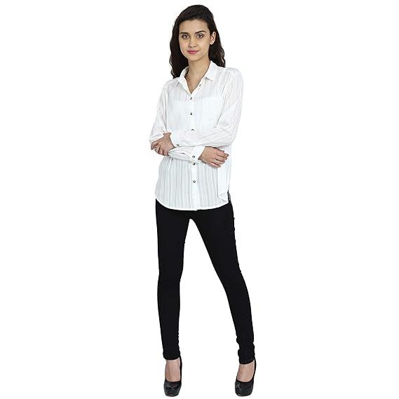 MansiCollections Women's Self-Weave Stripe Buttoned Summer White Shirt