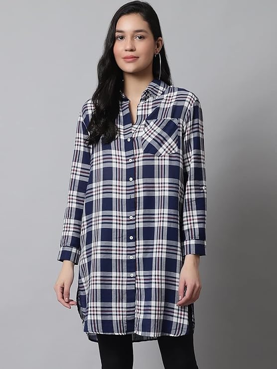 MansiCollections NoBarr Women's Cotton Shirt Collar Full Sleeve Checkered Tunic