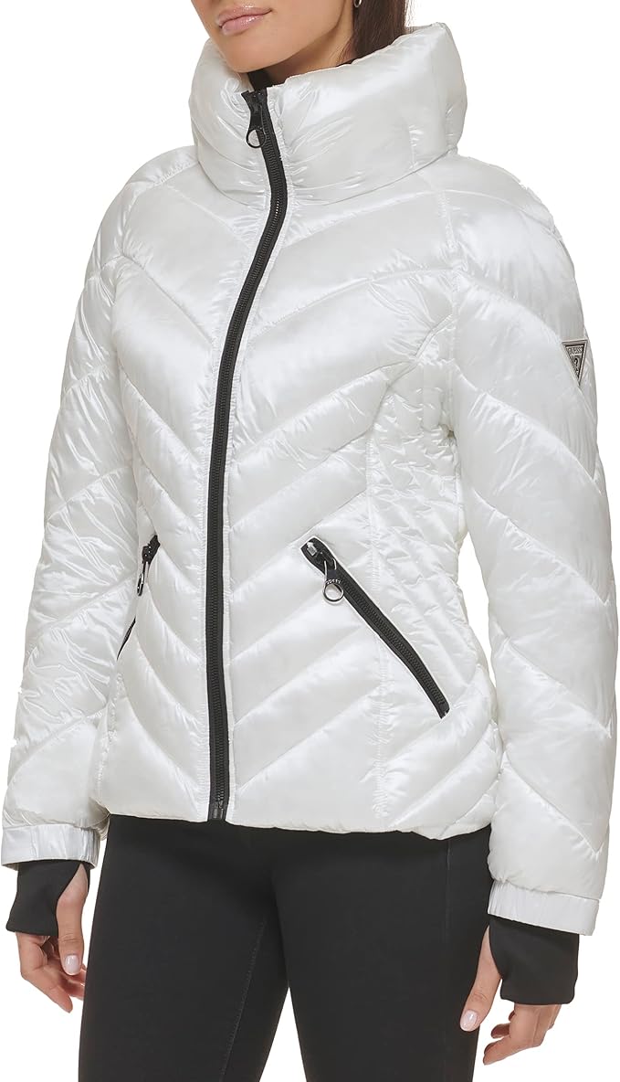 GUESS Women's Puffer Storm Cuffs– Quilted, Transitional Jacket white