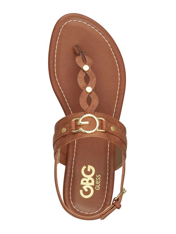GBG GUESS Womens Brown Metallic Accents Loop Thong Strap T-Strap Logo Links Round Toe Buckle Slingback Sandal