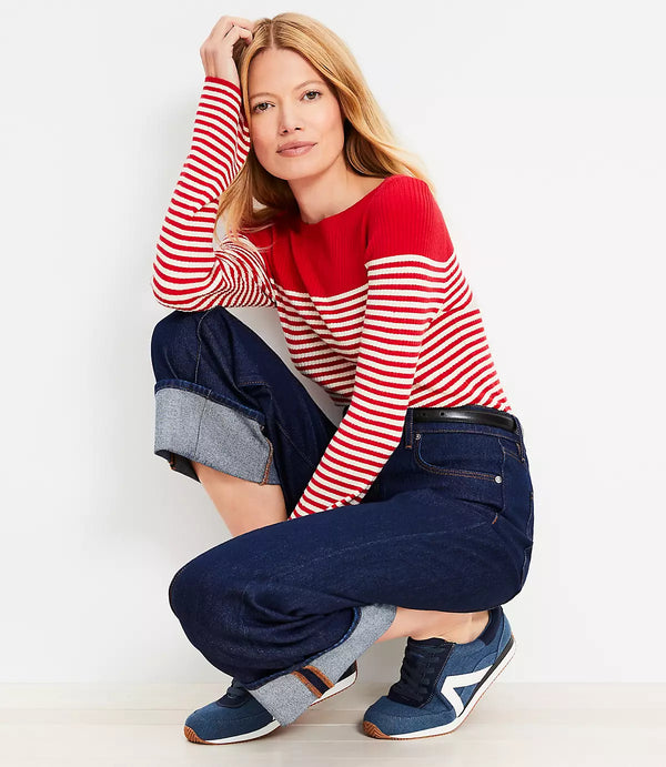 Loft Women Top Striped Knitwear Pullover-Red