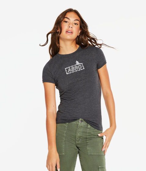 Aeropostale Aero Barbed Wire Box Logo Flocked Graphic Tee