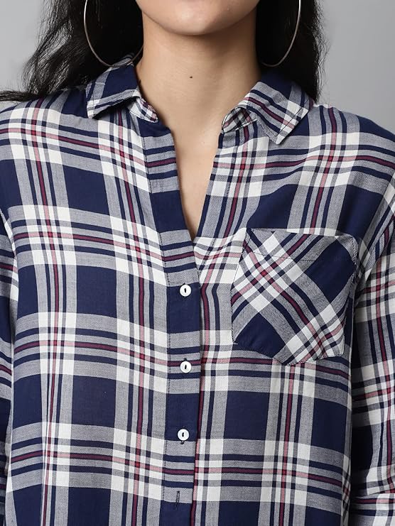 MansiCollections Women's Cotton Shirt Collar Full Sleeve Checkered Tunic