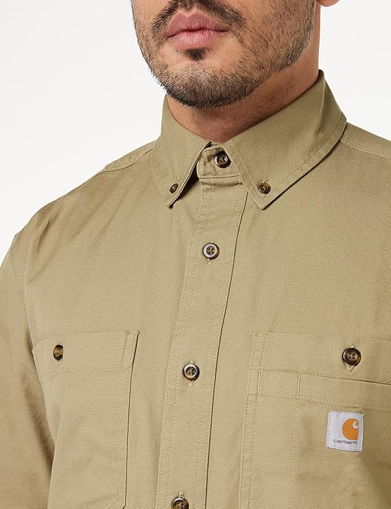 Carhartt Men's Rugged Flex Rigby Short-Sleeve Work Shirt Utility Button, Dark Khaki