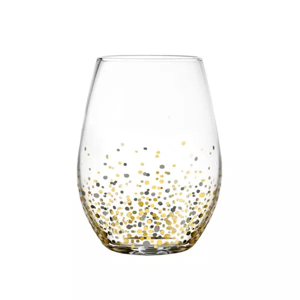 American Atelier Luster Stemless Goblet Set of 4 Made of Glass, Gold and Silver Confetti Design, Smooth Rim Wine Glasses, 16 oz.
