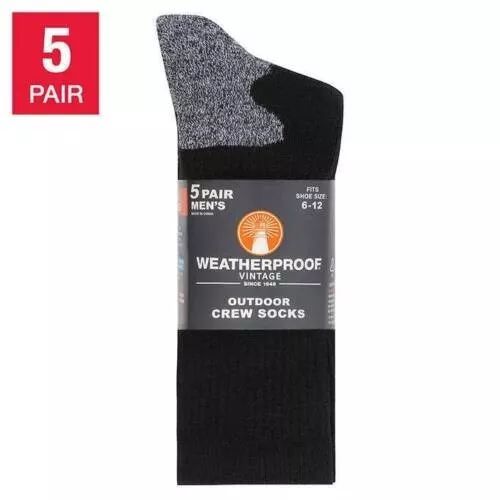 Weatherproof 5 Pair Pack Outdoor Wool Blend Crew Sock Size 6-12 Black Gray Heel