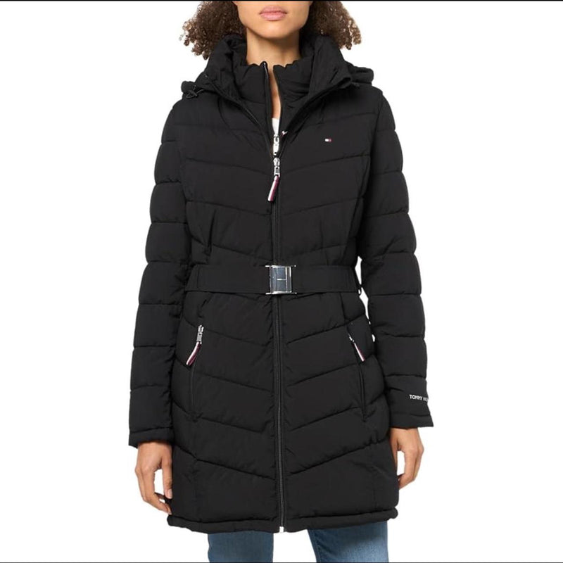 Tommy Hilfiger Women’s Red Belted Faux Fur Trim Hooded Puffer Coat