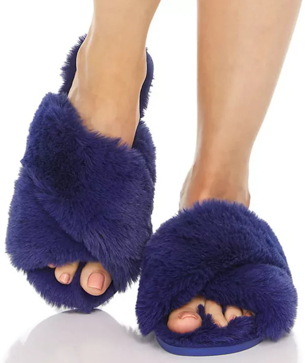 Flora Nikrooz ~ Victoria Teddy Criss Cross ~ Blue ~ Faux Fur Slippers