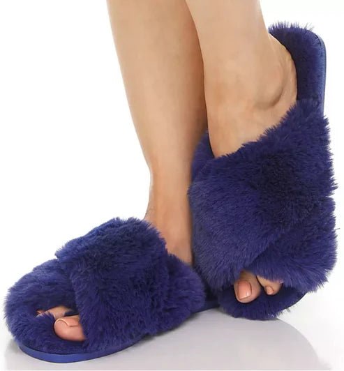 Flora Nikrooz ~ Victoria Teddy Criss Cross ~ Blue ~ Faux Fur Slippers
