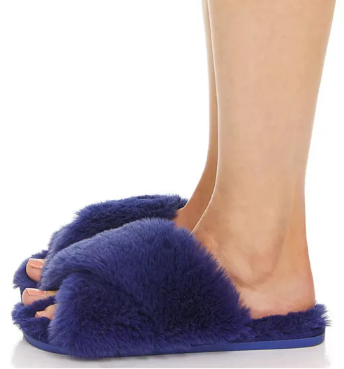 Flora Nikrooz ~ Victoria Teddy Criss Cross ~ Blue ~ Faux Fur Slippers