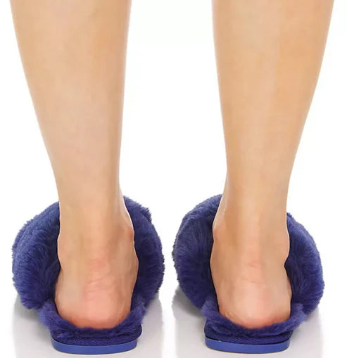 Flora Nikrooz ~ Victoria Teddy Criss Cross ~ Blue ~ Faux Fur Slippers
