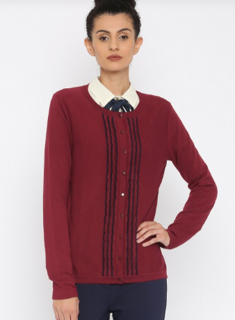 Tommy Hilfiger Women Maroon Kelly Scallop Trim Cardigan