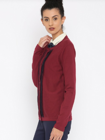 Tommy Hilfiger Women Maroon Kelly Scallop Trim Cardigan