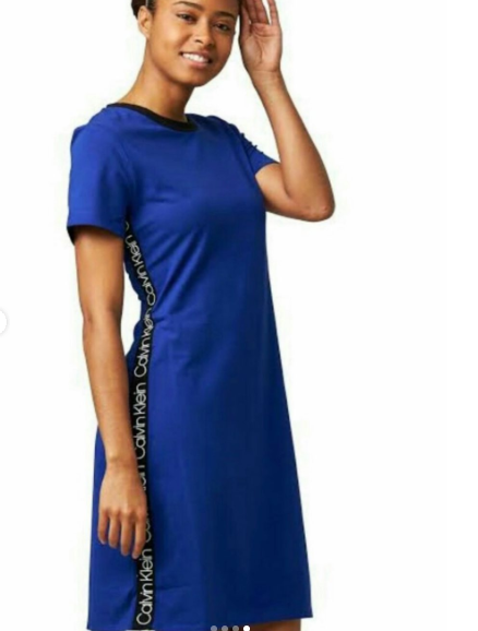 Calvin Klein tee shirt dress blue with brand logo short sleeve scoop neck