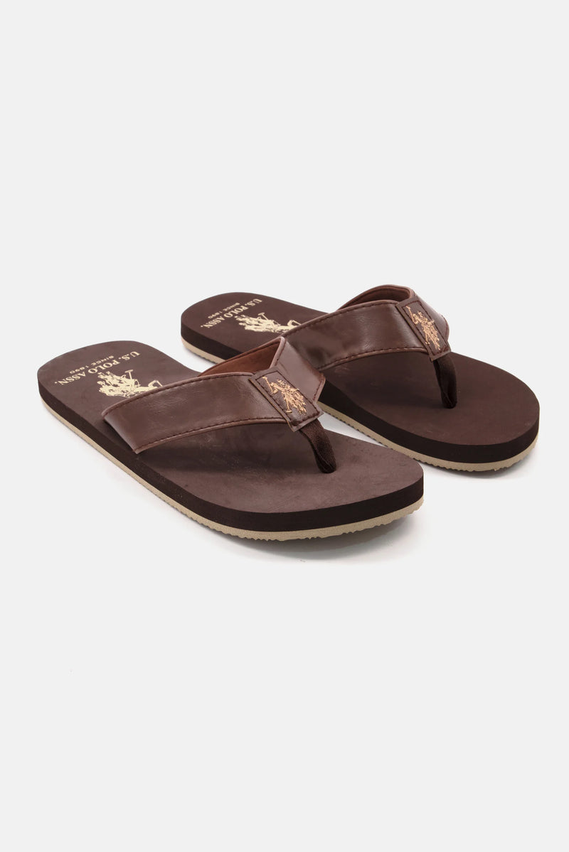 US Polo Assn. Men Brand Logo Slip On Slipper, Brown