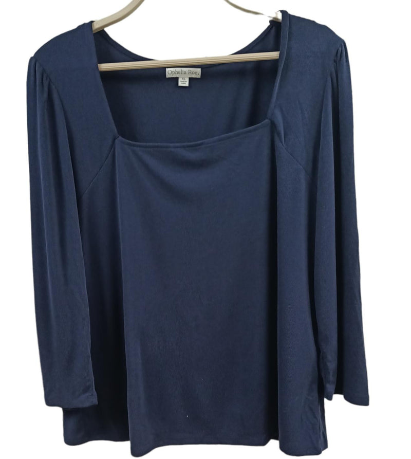 Ophelia Roe Tunic Fitted Top 3/4 Sleeve Navy Blue Square Neck