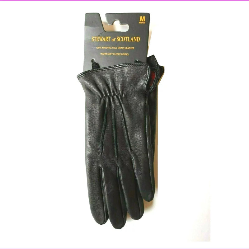 Stewart of Scotland Full Grain Leather Gloves Plaid Fleece Lined Black