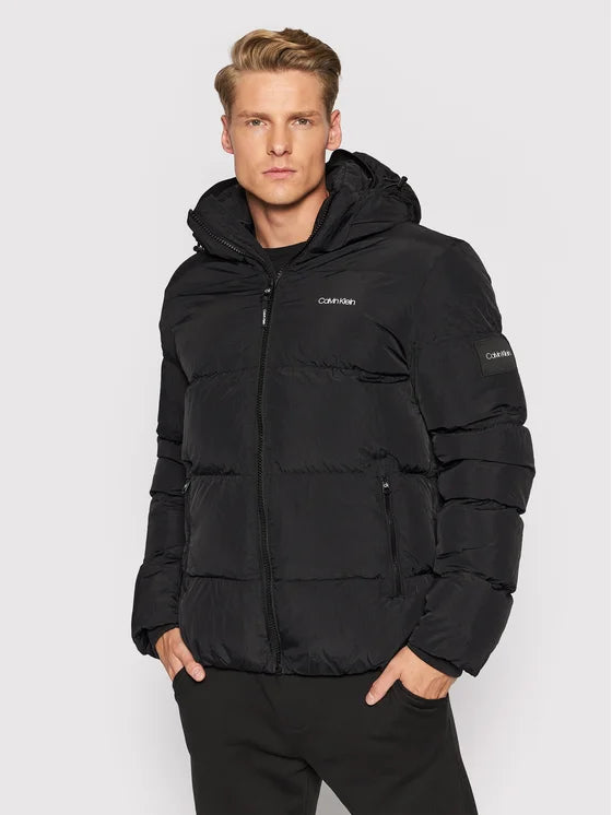 Calvin Klein crinkle nylon detachable hood puffer jacket in black ShopStyle