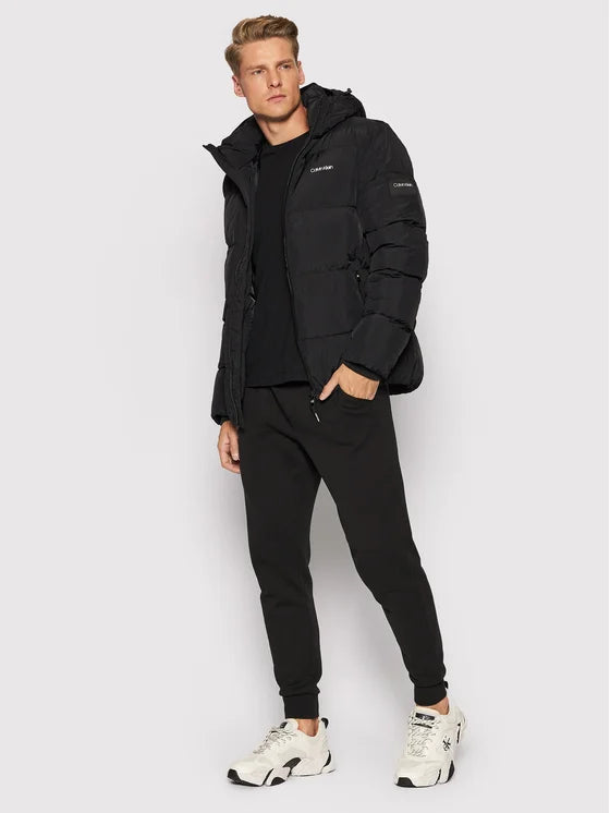 Calvin Klein crinkle nylon detachable hood puffer jacket in black ShopStyle