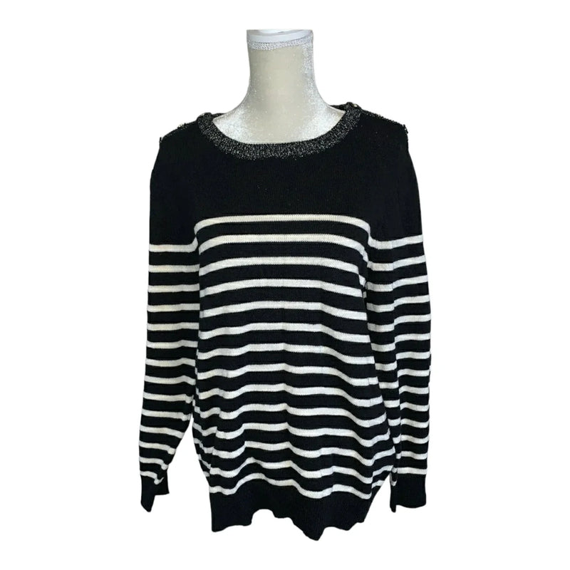 Charter Club Women's Long Sleeve Striped Black Ivory Sweater