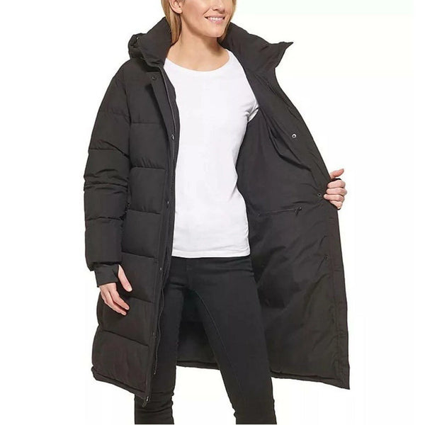 DKNY Women's Long Puffer Detachable Hooded Wind Resistant Jacket